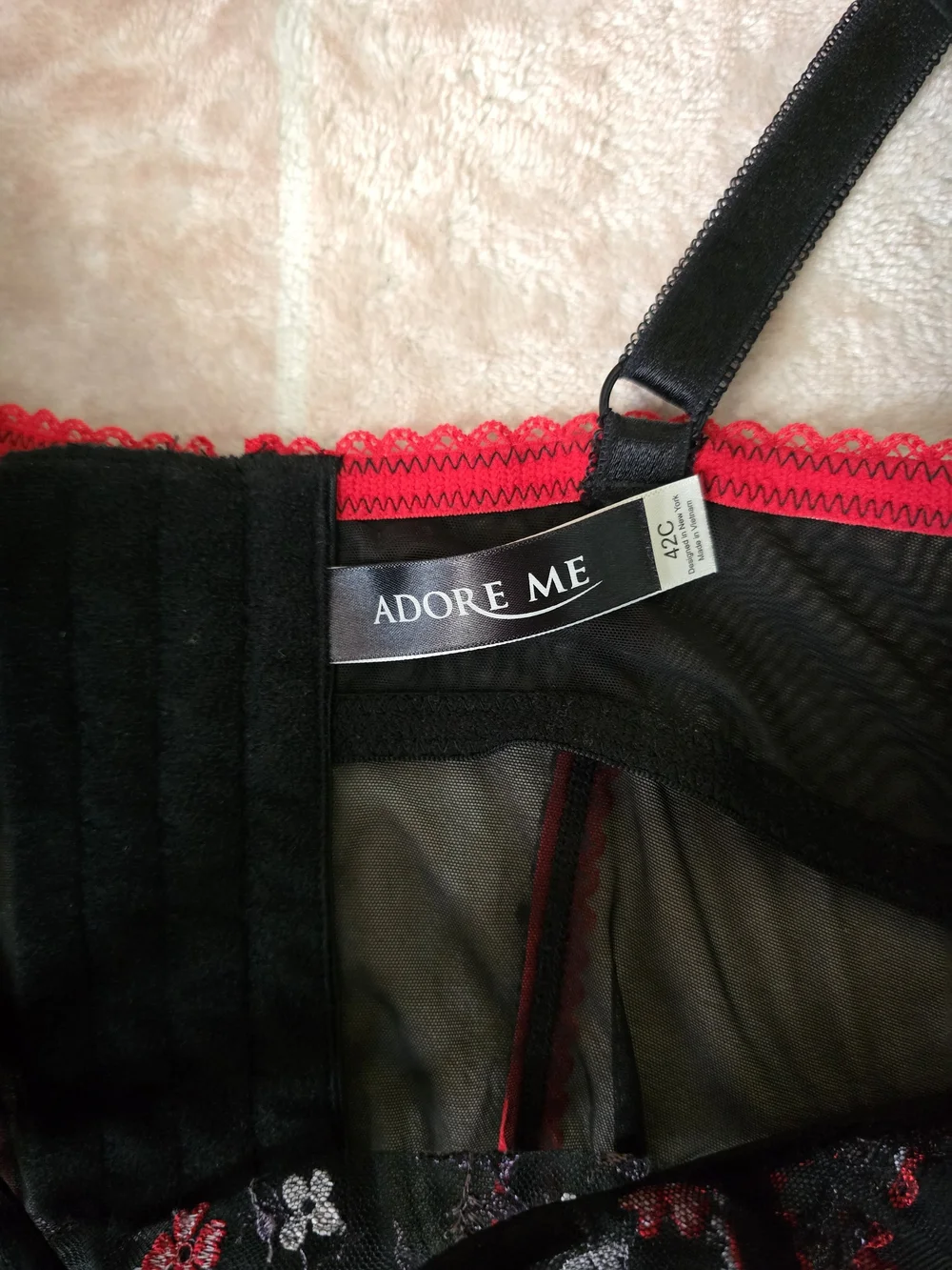 Adore Me Black Bustier with Red Floral Embroidery and Garter Straps
